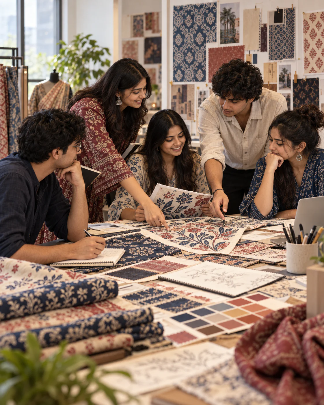 Illustrative group of textile design learners reviewing fabric patterns and colour ideas together