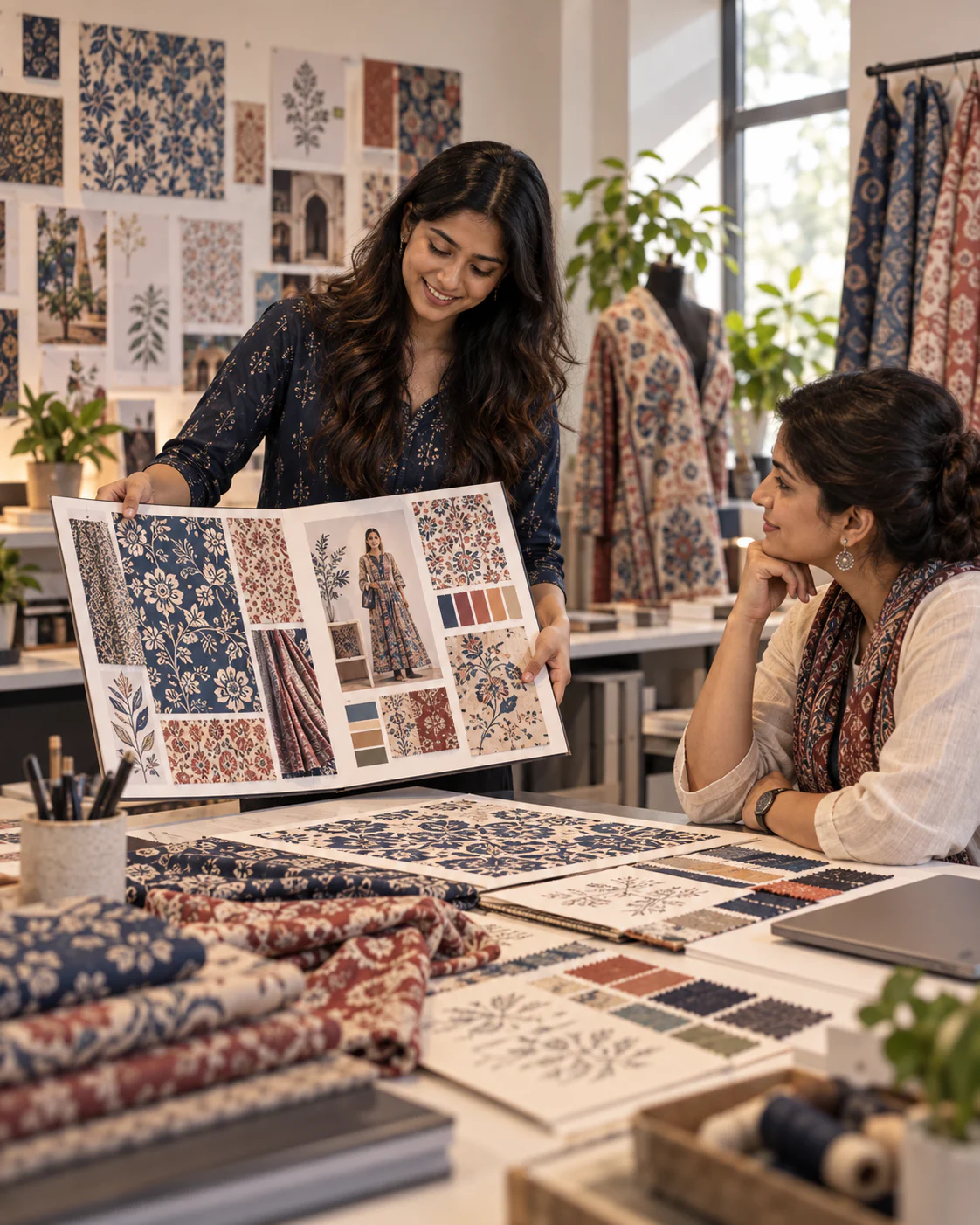 Illustrative textile design portfolio presentation between a learner and mentor