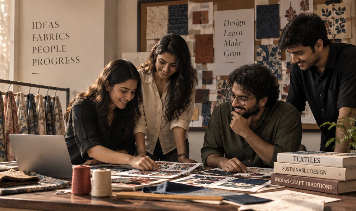 Illustrative textile design learners collaborating on fabric, pattern and portfolio development in a studio