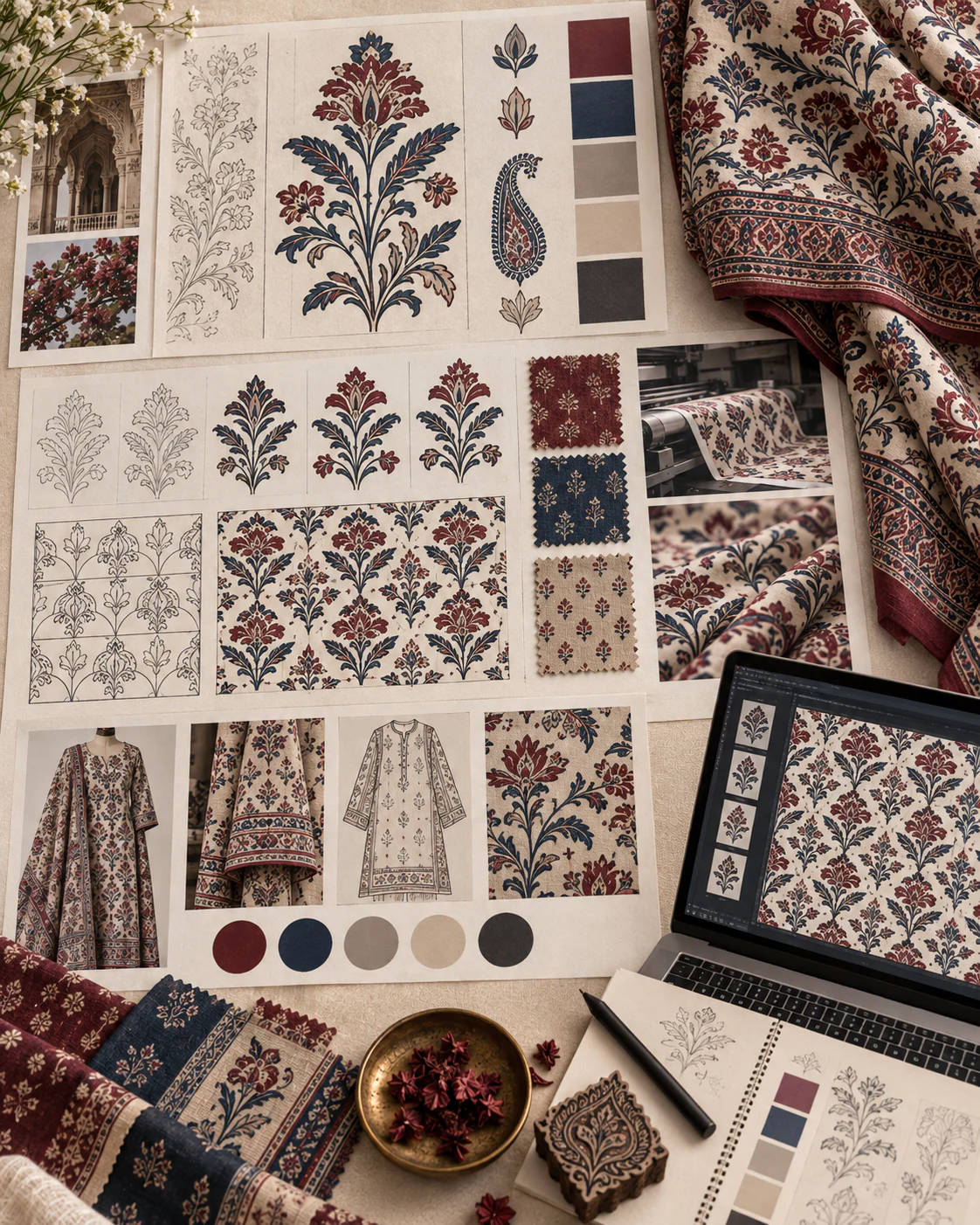 Illustrative digital textile print development board with motif iterations, colourways and production references