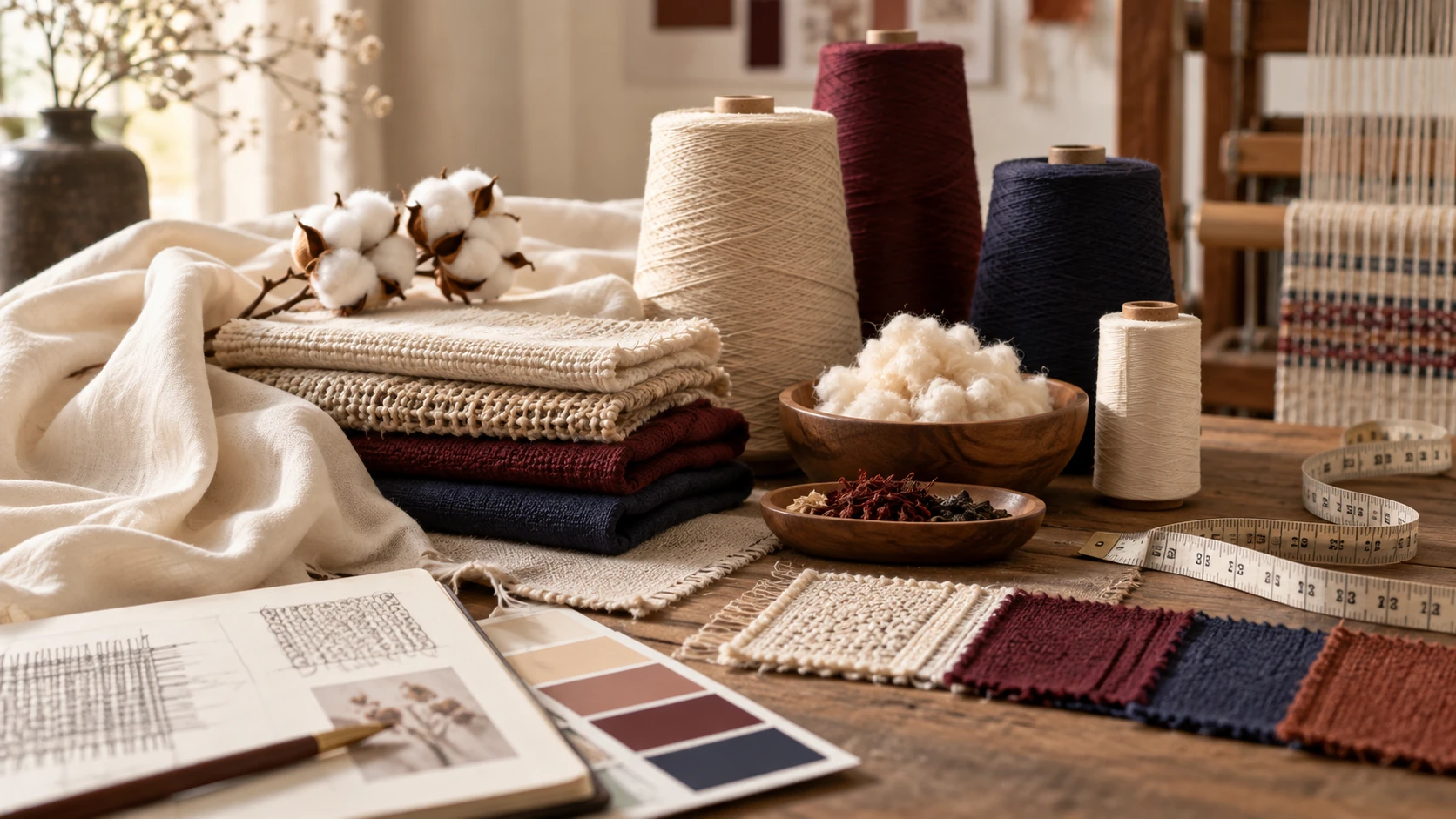 Illustrative natural fibres, yarns and fabric samples used for textile fundamentals study