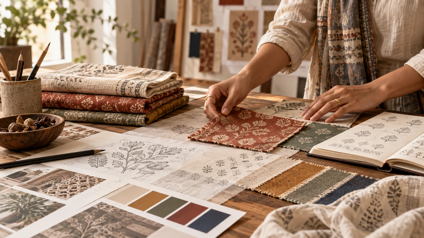 Illustrative textile designer developing motifs, colourways and fabric concepts