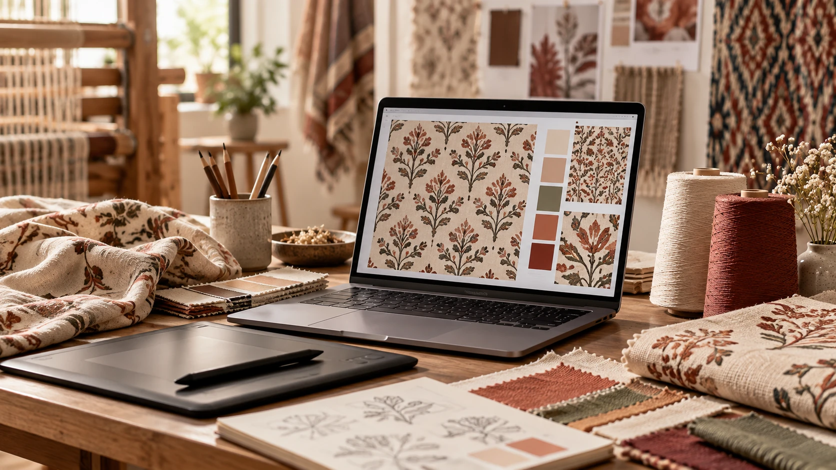 Illustrative digital textile pattern development with laptop, tablet and fabric samples
